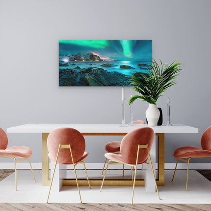 Canvas schilderij woonkamer Noorderlicht boven het Water bij Rotsen