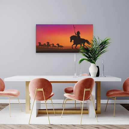 Canvas schilderij woonkamer Silhouet van een Indiaan op een Paard