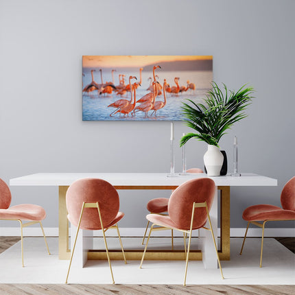 Canvas schilderij woonkamer Kudde Flamingo's in het Water