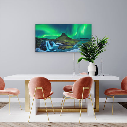 Canvas schilderij woonkamer Noorderlicht bij de Watervallen in IJsland