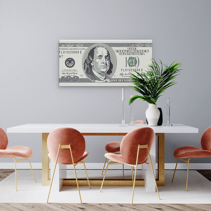 Canvas schilderij woonkamer Geld Dollar Biljet - Briefje van 100 Dollar
