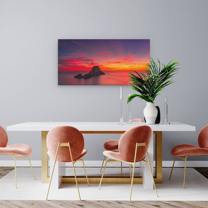 Canvas schilderij woonkamer Ibiza Rotsen Eiland bij Zonsondergang