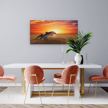 Canvas schilderij woonkamer Twee Dolfijnen bij de Zonsondergang