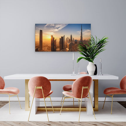 Canvas schilderij woonkamer Dubai Stad bij Zonsopgang