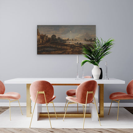 Canvas schilderij woonkamer Riviergezicht bij Maanlicht - Aert van der Neer
