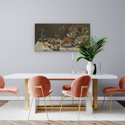 Canvas schilderij woonkamer Stilleven met Kalkoenpastei - Pieter Cleasz