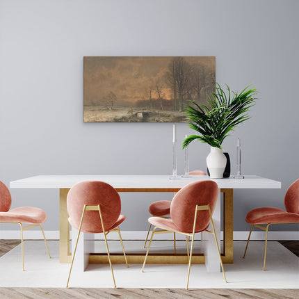 Canvas schilderij woonkamer Wintergezicht met Ondergaande Zon tussen Geboomte - Louis Apol
