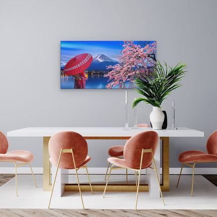 Canvas schilderij woonkamer Japanse Vrouw bij de Fuji Berg