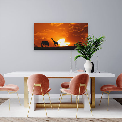 Canvas schilderij woonkamer Afrikaaanse Dieren bij Zonsondergang
