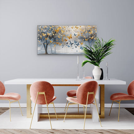 Canvas schilderij woonkamer Kunstwerk van Vlinders die over Bomen Vliegen