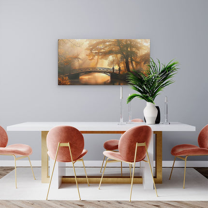 Canvas schilderij woonkamer Brug over een Rivier in een Bos
