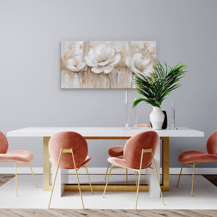 Canvas schilderij woonkamer Drie Witte Bloemen op een Beige Achtergrond