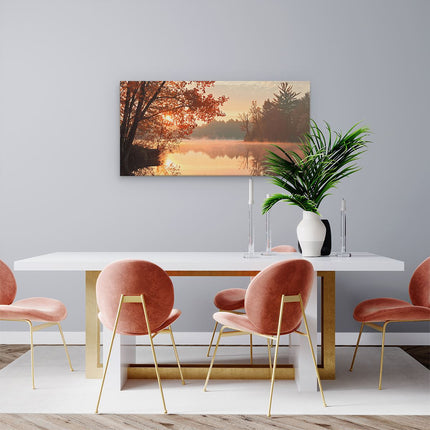 Canvas schilderij woonkamer Mistig Meer bij Zonsopgang