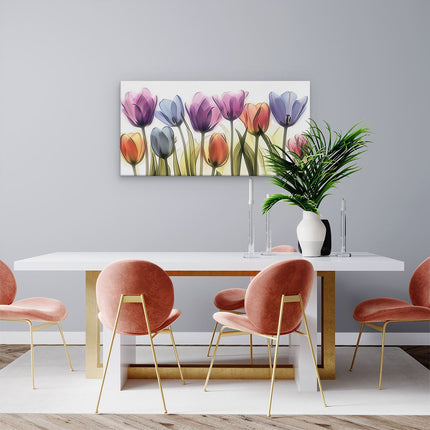 Canvas schilderij woonkamer Kleurrijke Tulpen op een Witte Achtergrond