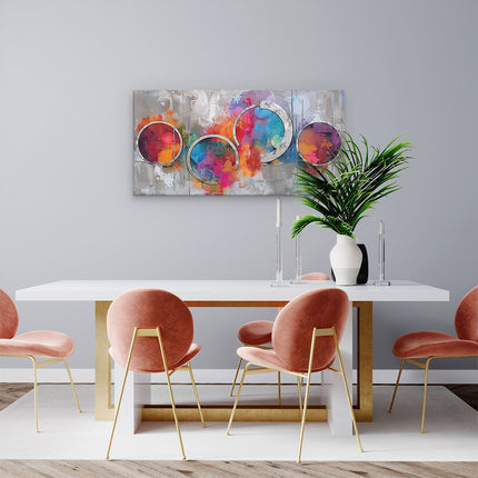 Canvas schilderij woonkamer Kunstwerk met Kleurrijke Cirkels op een Grijze Achtergrond