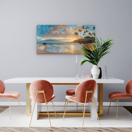 Canvas schilderij woonkamer Strand met Palmbomen en een Zonsondergang