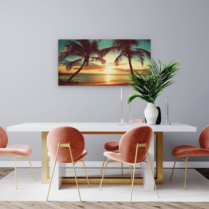 Canvas schilderij woonkamer Twee Palmbomen op een Strand bij Zonsondergang