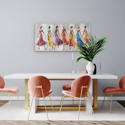 Canvas schilderij woonkamer Kunstwerk van een Groep Vrouwen in Kleurrijke Jurken