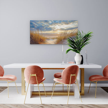 Canvas schilderij woonkamer Zandduinen en een Strand bij Zonsondergang