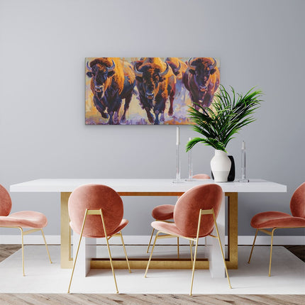 Canvas schilderij woonkamer Kunstwerk van een Groep Rennende Bizons