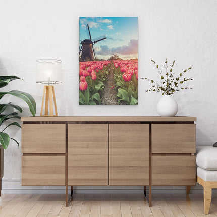 Canvas schilderij interieur Roze Tulpen Bloemenveld - Met Windmolen