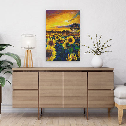 Canvas schilderij interieur Getekende Zonnebloemen Veld Met Olieverf