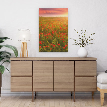 Canvas schilderij interieur Rode Klaproos Bloemenveld - Zonsondergang