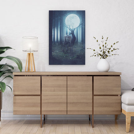 Canvas schilderij interieur Hert In Het Bos Tijdens Volle Maan