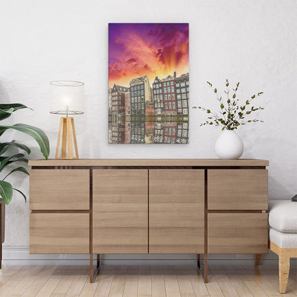 Canvas schilderij interieur Amsterdamse Huisjes Bij Het Kanaal - Kleur