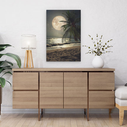 Canvas schilderij interieur Tropisch Strand In De Nacht Met Volle Maan