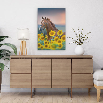 Canvas schilderij interieur Bruin Paard Tussen De Zonnebloemen