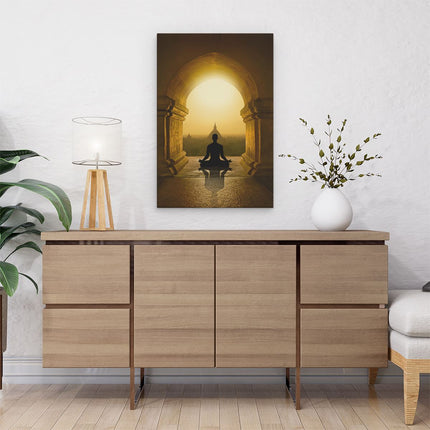 Canvas schilderij interieur Man Doet Yoga In Een Boeddha Tempel