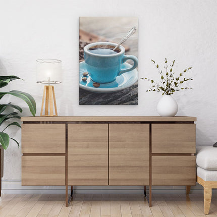 Canvas schilderij interieur Blauw Kopje Koffie Met Koffiebonen
