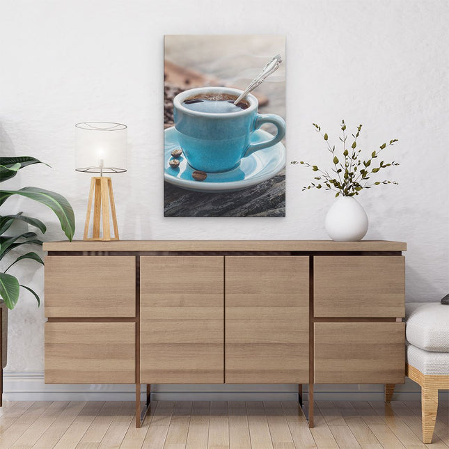 Canvas schilderij interieur Blauw Kopje Koffie Met Koffiebonen