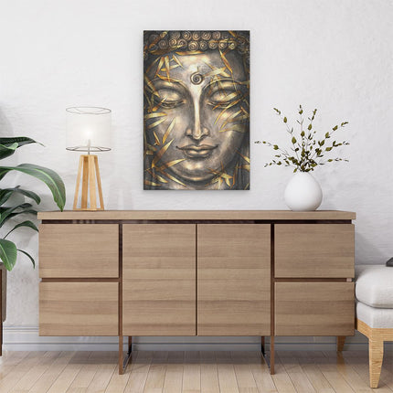 Canvas schilderij interieur Boeddha Beeld Met Gouden Bladeren