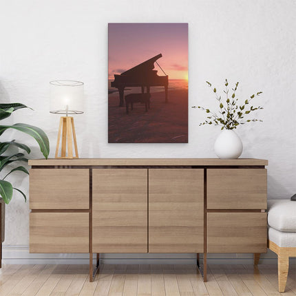 Canvas schilderij interieur Piano op het Strand bij Zonsondergang