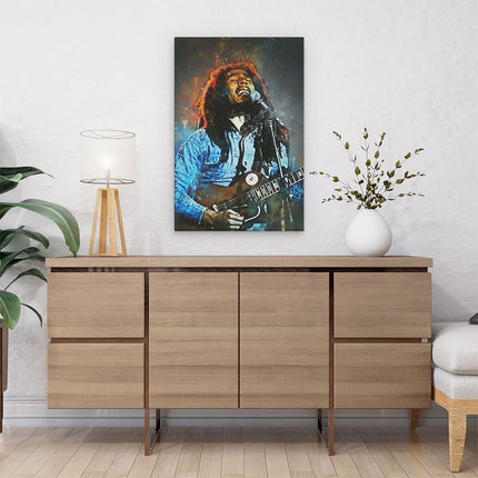 Canvas schilderij interieur Bob Marley met zijn Gitaar