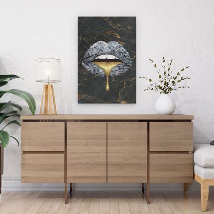 Canvas schilderij interieur Dollar Lippen Met Gesmolten Goud