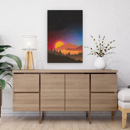 Canvas schilderij interieur Getekende Zonsondergang achter de Bergen van het Bos