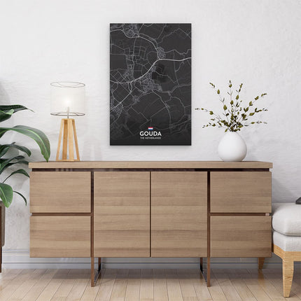 Canvas schilderij interieur Stadskaart Gouda in het Zwart