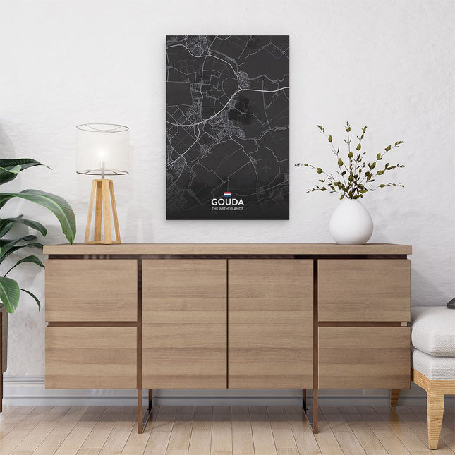 Canvas schilderij interieur Stadskaart Gouda in het Zwart