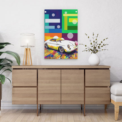 Canvas schilderij interieur Witte Retro Auto met Abstracte Figuren