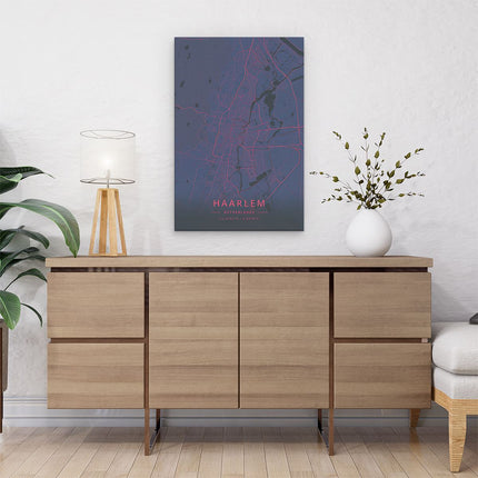 Canvas schilderij interieur Stadskaart Haarlem in het Rood en Zwart
