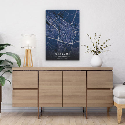 Canvas schilderij interieur Stadskaart Utrecht in het Blauw en Wit