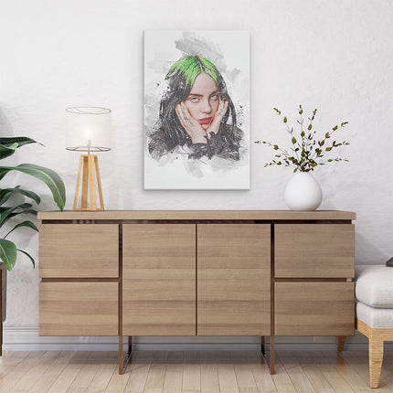 Canvas schilderij interieur Billie Eilish met Groen Haar