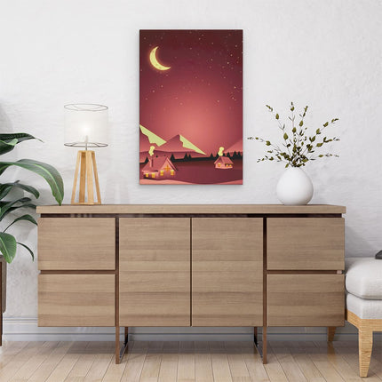 Canvas schilderij interieur Twee Rode Getekende Huisjes met Rook in de Nacht