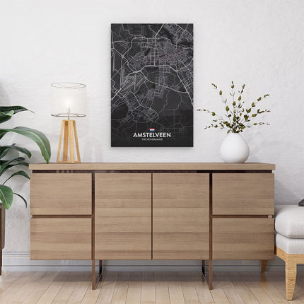 Canvas schilderij interieur Stadskaart Amstelveen in het Zwart