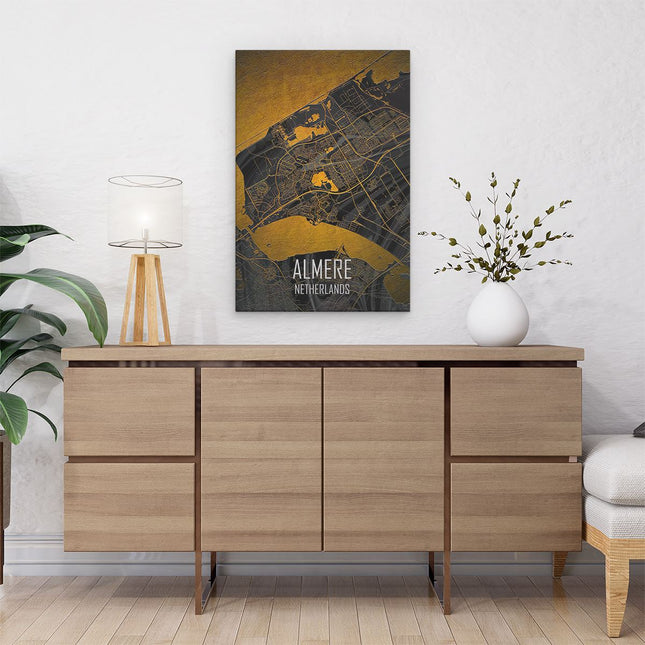 Canvas schilderij interieur Stadskaart Almere in het Goud en Zwart