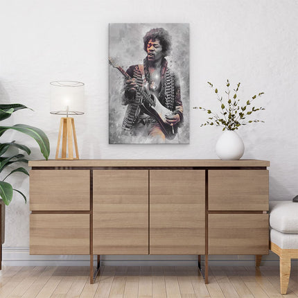 Canvas schilderij interieur Jimi Hendrix met zijn Gitaar 