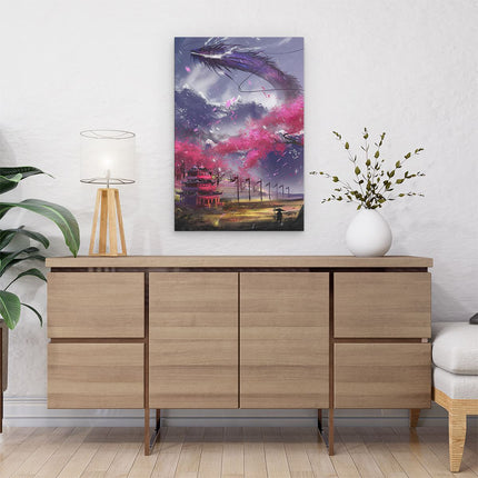 Canvas schilderij interieur Fantasie Draak bij een Japanse Tempel in de Bergen